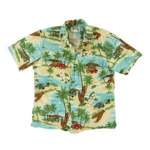 Ky's Mens Hawaiian Shirt M Blue Woody Wagon Beach Surf Floral